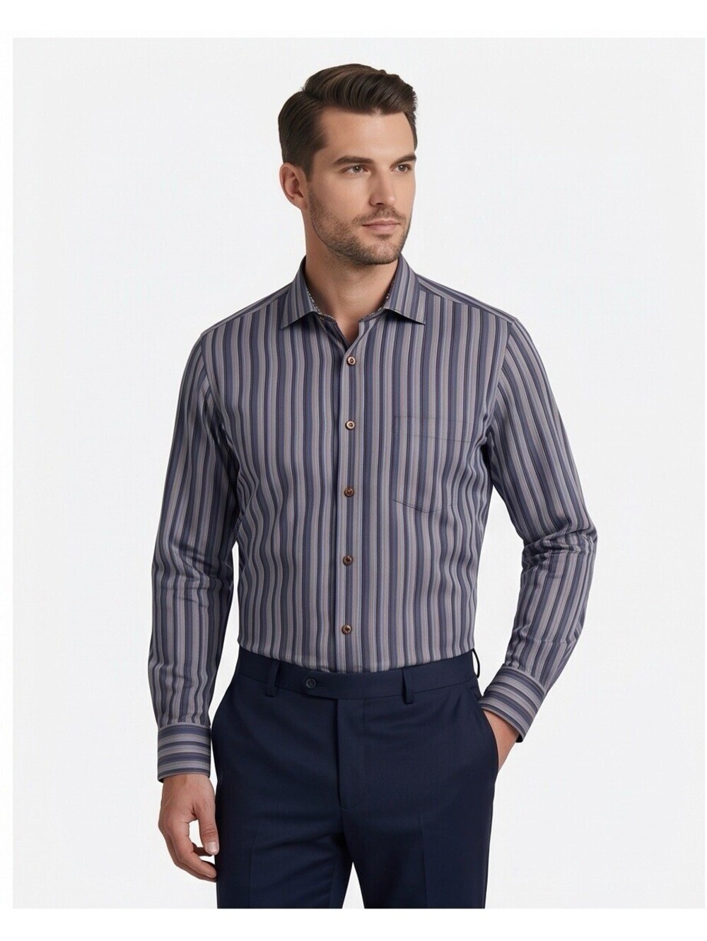 Bugatchi Uomo Mens XL Dress Shirt Blue Brown Striped 100% Cotton Button Up - Picture 2 of 9